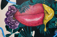 Vibrant surreal artwork featuring large pink lips with a dripping yellow substance, surrounded by dark green tropical leaves and a purple flower on a light background.