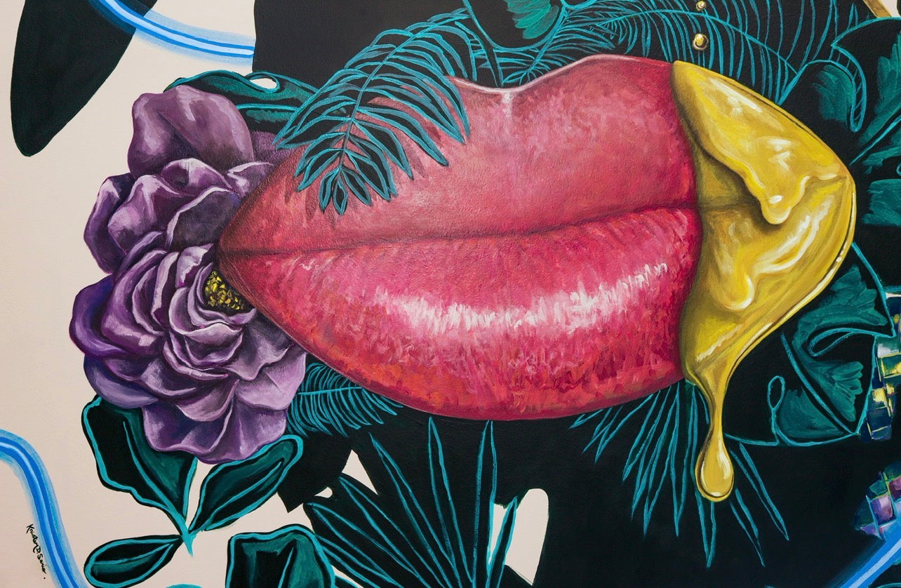 Vibrant surreal artwork featuring large pink lips with a dripping yellow substance, surrounded by dark green tropical leaves and a purple flower on a light background.
