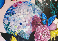 A colorful surreal artwork featuring a disco ball made of mosaic tiles, blue and yellow butterflies, pink and purple flowers, green leaves, dripping yellow paint, and red lips on a light background.